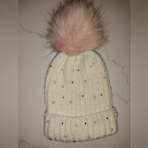 Justice Girls Chic Cream Knit Beanie with Pink Pom ONE SIZE